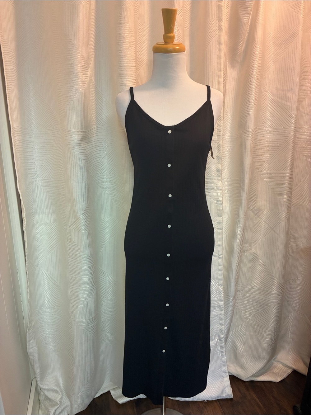 aerie Black Ribbed Button-Front Midi Slip Dress